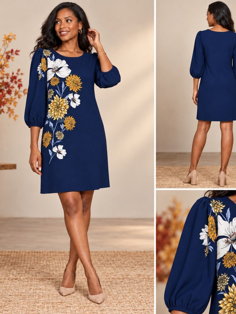 Ann Taylor Factory XS Navy Floral Shift Dress Puff Sleeve Stretch Career